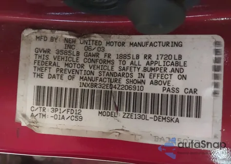 2004 Toyota Corolla S z USA, uszkodzony, nr VIN 1NXBR32E04Z206910